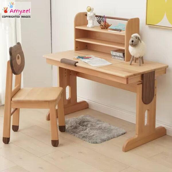 Solid wooden kids study table with rounded edges – compact wooden study desk for homework, drawing, and play.