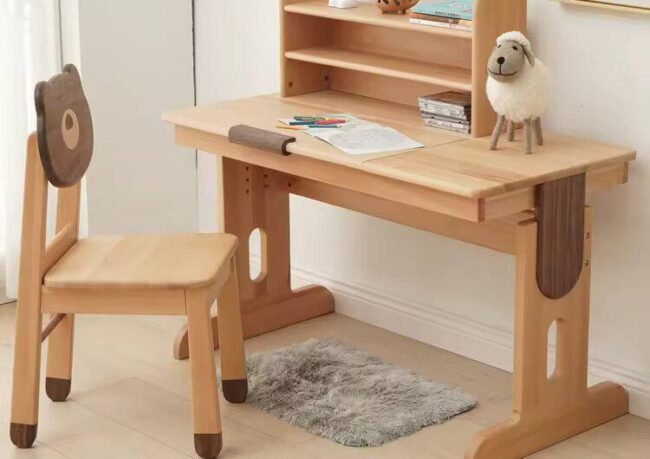 Solid wooden kids study table with rounded edges – compact wooden study desk for homework, drawing, and play.