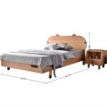 Modern solid wood single bed frame for kids with a gently arched headboard and panel legs, shown next to a bedside cabinet with a 125cm width marker.