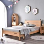 Full side view of the mushroom-engraved wooden single bed frame set in a complete bedroom arrangement with matching nightstand and tall storage unit.