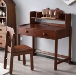 Scandinavian style mahogany finish wooden kids study desk, natural timber writing table with two drawers and a small top display shelf, matching simple wooden chair set