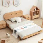 Wide top-down view of the smiley-headboard bed styled with a decorative origami bed runner, nightstands, and a house-shaped bookshelf.