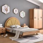 Amyzel solid wood kids bedroom set featuring single bed with mustard headboard matching nightstand and wooden wardrobe