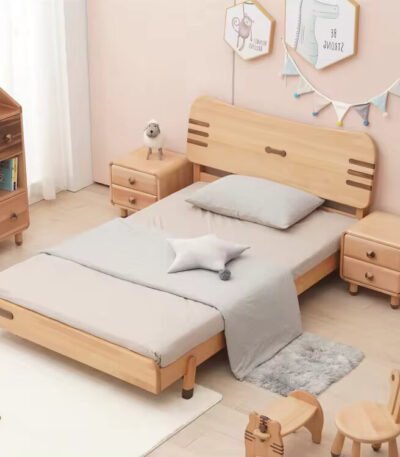 Children’s Single Bed featuring a minimalist design, rounded edges, and sturdy construction for a safe and stylish kids’ bedroom.