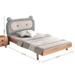 Amyzel premium kids bed frame featuring a soft gray fabric upholstered headboard with cute rounded mouse ears and button accents, displayed next to a wooden nightstand with a 125cm width dimension.