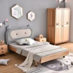 Amyzel grey upholstered bear ear kids single bed with solid wooden frame matching nightstand and two door wooden wardrobe in modern nursery