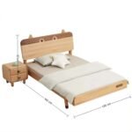 Children's solid wood platform bed frame by Amyzel showcasing a minimalist headboard with subtle carved animal ear details, paired with a two-drawer bedside table showing dimensions of 193cm by 122cm.