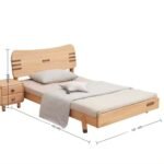 Amyzel solid wood kids single bed frame featuring a curved natural wood headboard with decorative cutouts, styled next to a matching two-drawer nightstand with dimension lines showing 193cm length and 122cm width.