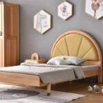 Solid wood kids single bed frame with mustard yellow arched sunburst upholstered headboard in modern children bedroom