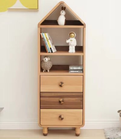 Solid wood kids bookshelf with shelves and drawers for organizing books and toys.