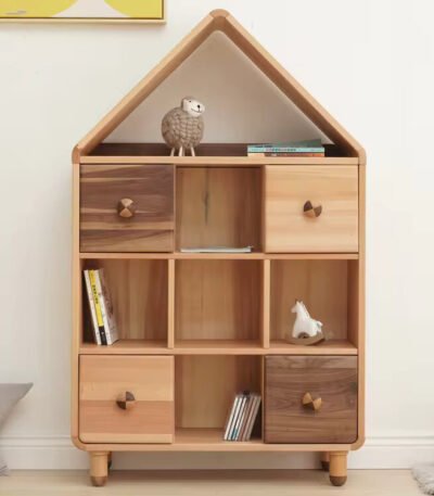 Sheesham wood kids bookshelf with open shelves and drawers for organizing books, toys, and essentials in children’s rooms.