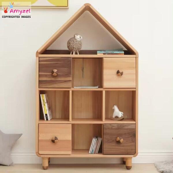 Sheesham wood kids bookshelf with open shelves and drawers for organizing books, toys, and essentials in children’s rooms.