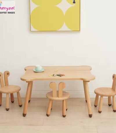 Montessori wooden table and chair set for kids – safe, durable, and compact furniture for learning and play.