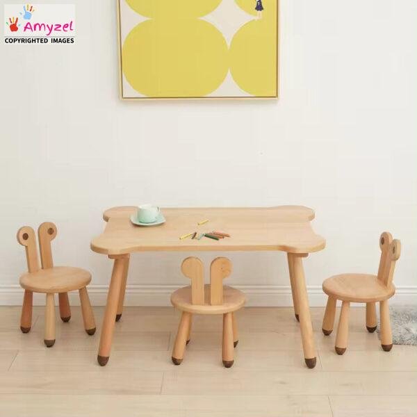Montessori wooden table and chair set for kids – safe, durable, and compact furniture for learning and play.