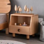 Minimalist open-cube wooden kids nightstand by Amyzel featuring an upper display shelf styled with decorative wooden trees and a single smooth-gliding bottom drawer.