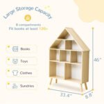 House-shaped light wood kids bookshelf by Amyzel with 8 open compartments, highlighting features for books, toys, and clothes with dimensions of 33.4 inches width by 46 inches height.