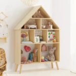 Bookshelf cum toy house made of solid wood, house-shaped kids storage unit for organizing books and toys in bedrooms or playrooms.