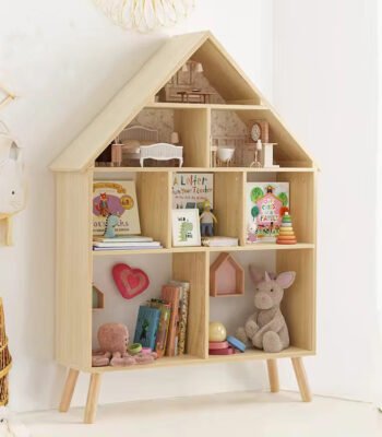 Bookshelf cum toy house made of solid wood, house-shaped kids storage unit for organizing books and toys in bedrooms or playrooms.