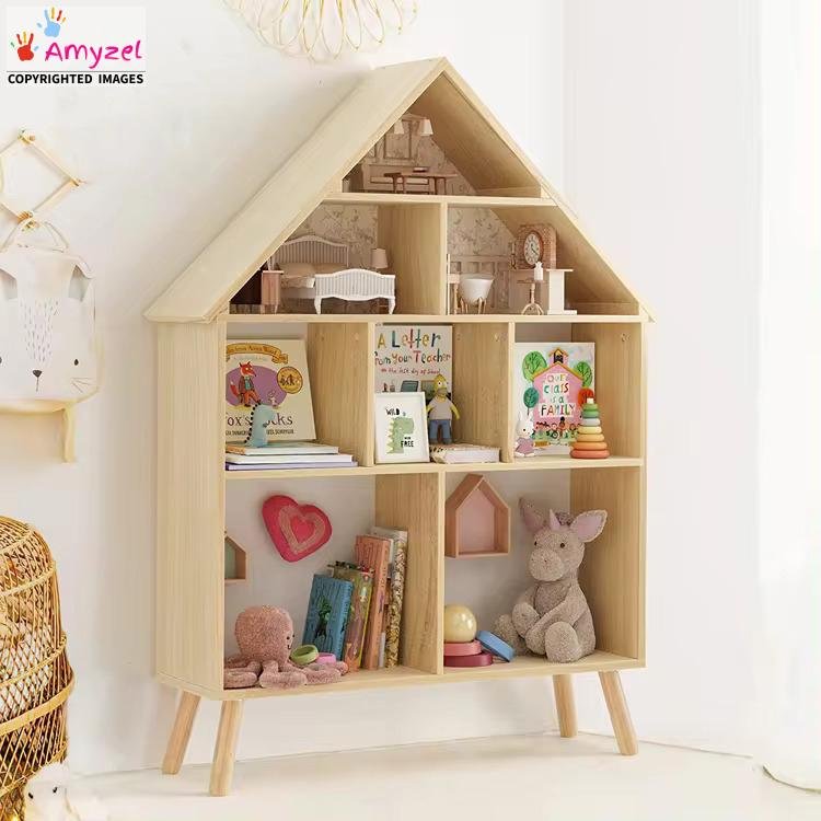 Bookshelf cum toy house made of solid wood, house-shaped kids storage unit for organizing books and toys in bedrooms or playrooms.