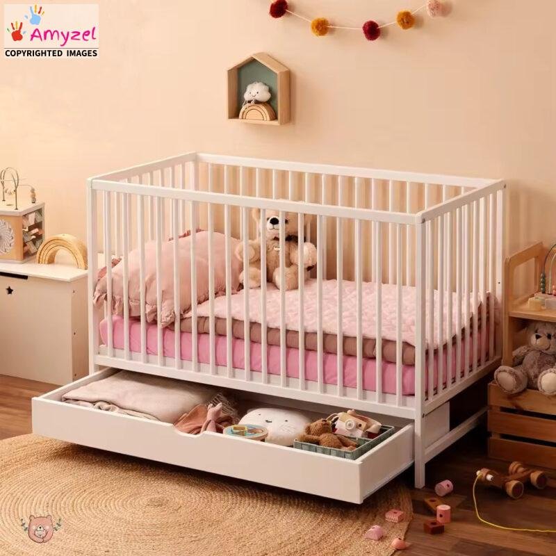 Elegant Sheesham wood baby crib with a non-toxic finish, smooth edges, and durable construction