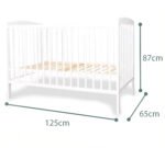 Minimalist white wooden convertible kids crib by Amyzel with vertical protective slats, detailing dimensions of 125cm length, 65cm width, and 87cm height.