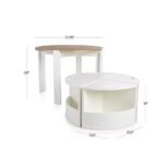 3D product outline and measurement diagram of the Amyzel round wooden toddler activity table with space-saving nesting storage ottomans underneath.
