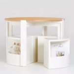 Amyzel round wooden kids activity table and chair set with white nesting storage stools, toddler play table with integrated toy storage cubbies and book organizer.