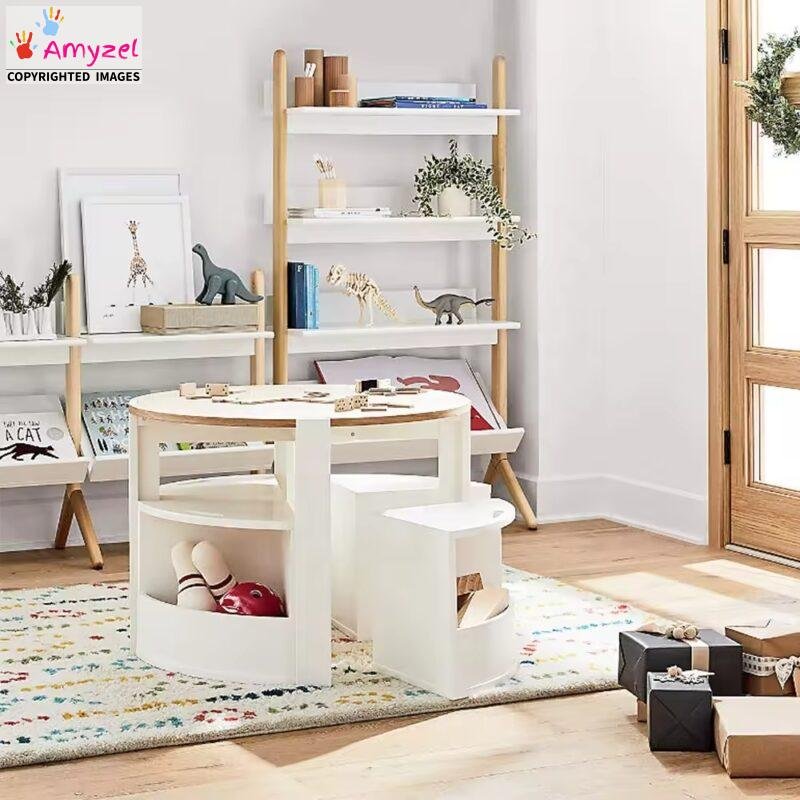 4-seater kids wooden table and chair set in solid sheesham wood – child-safe design for homes, playrooms, and preschools.