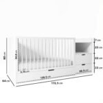 Technical dimension schematic for a white convertible baby crib, detailing key measurements including 172.5 cm total length, 120.5 cm crib length, 80 cm overall height, and 64 cm depth.