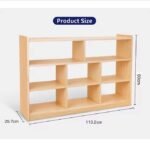 Product size dimension diagram for the natural wood low kids storage bookshelf showing measurements of 113.2 cm width, 29.7 cm depth, and 80 cm height.