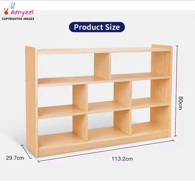 Product size dimension diagram for the natural wood low kids storage bookshelf showing measurements of 113.2 cm width, 29.7 cm depth, and 80 cm height.