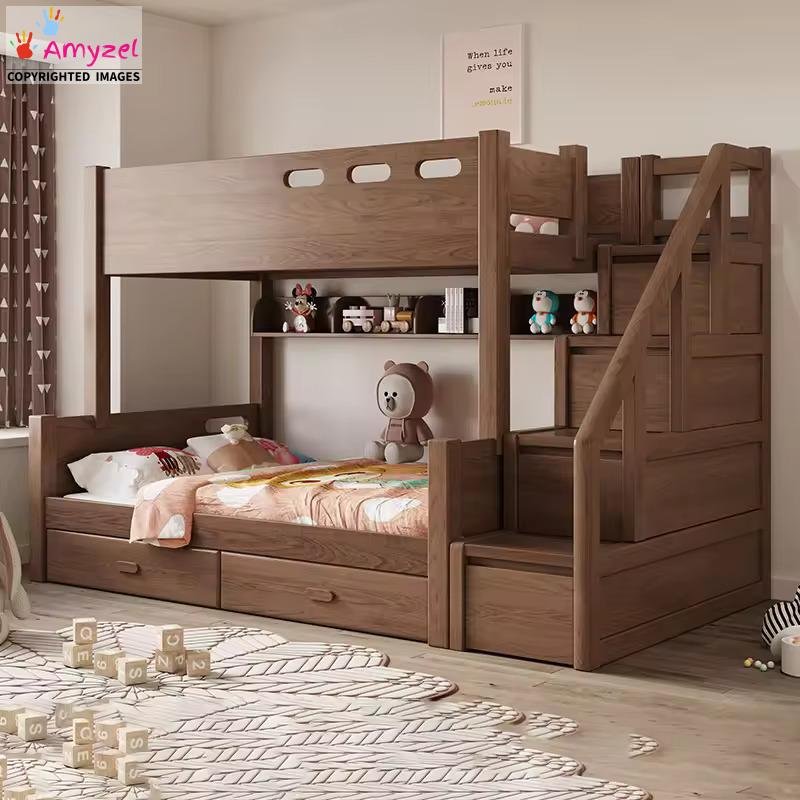 Eco-Friendly Sheesham Wood Bunk Bed with Storage  walnut Eco-Friendly Sheesham Wood Bunk Bed with Storage walnut