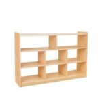 Isometric studio view of an empty natural finish wooden 8-compartment low bookshelf isolated on a plain white background.