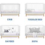 Four-panel feature diagram demonstrating the 4-in-1 convertible configurations of a white crib with natural wood legs: Crib, Toddler Bed, Daybed, and Sofa.