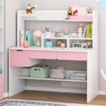 Pink and white kids study table with storage shelf for homework and study activities