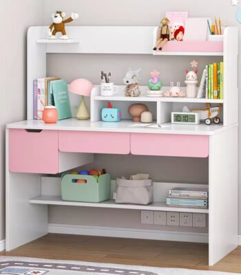 Pink and white study table for kids made of solid wood