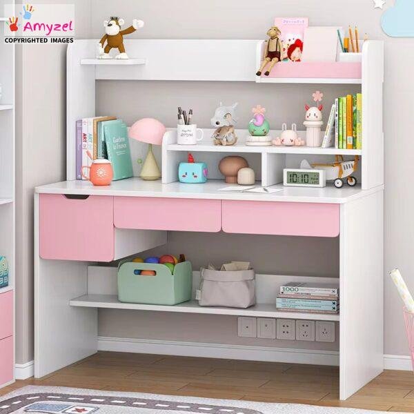 Pink and white study table for kids made of solid wood