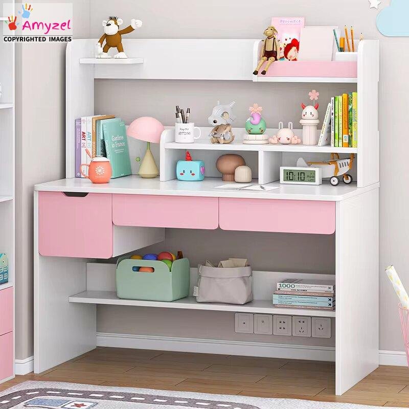 Pink and white study table for kids made of solid wood