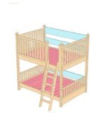 3D digital render of a natural pine wood bunk bed frame featuring slatted side guardrails, pink base slatted panels, blue accent headboards, and an attached front ladder.