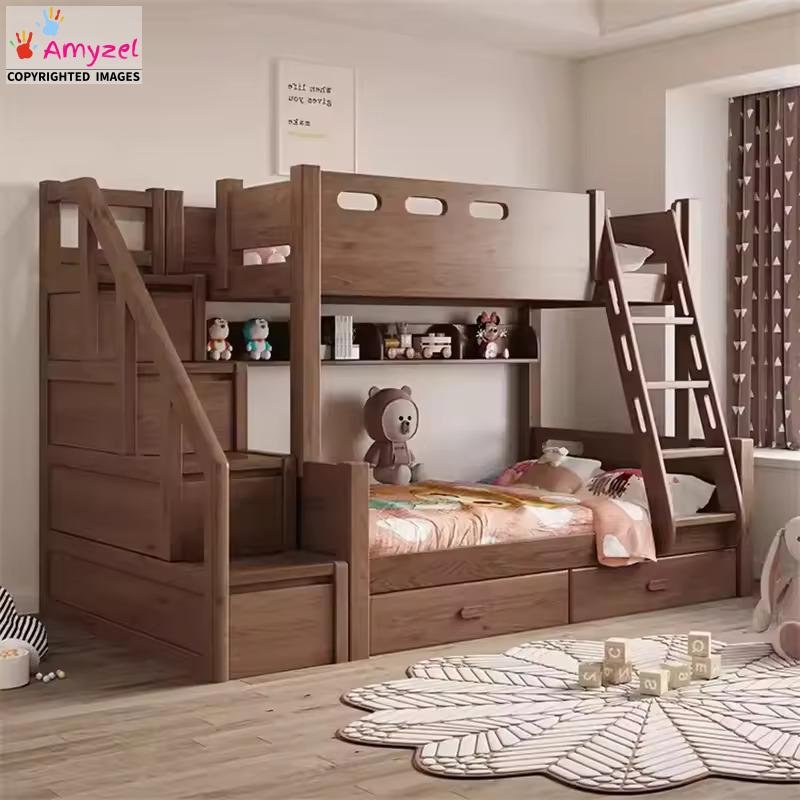 Childrens Bunk Beds with a sleek, modern design, featuring guardrails and options of two secure ladders.