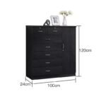 Product diagram of a tall black wood storage cabinet with a side wardrobe door, stacked central drawers, and two top locking drawers, labeled with dimensions (120 cm H × 100 cm W × 24 cm D).