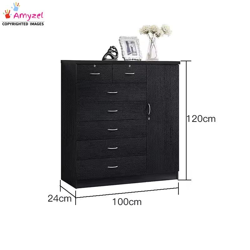 Product diagram of a tall black wood storage cabinet with a side wardrobe door, stacked central drawers, and two top locking drawers, labeled with dimensions (120 cm H × 100 cm W × 24 cm D).