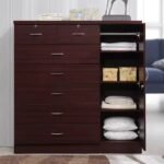 Multifunctional Wooden Cabinet drawers, featuring an integrated hanging rail and multi-tier shelving partitions for folded clothes, shoes, or storage bins.