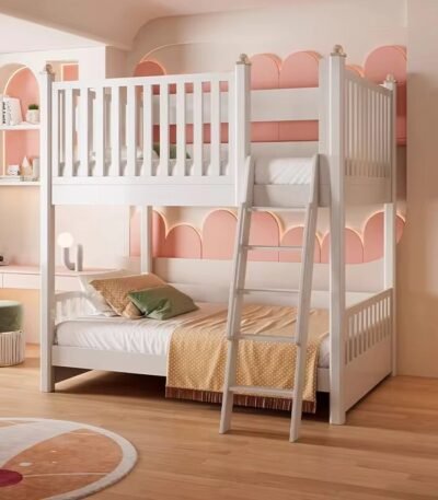 Space-saving solid wood bunk bed for kids with ladder and guardrails for small bedrooms.