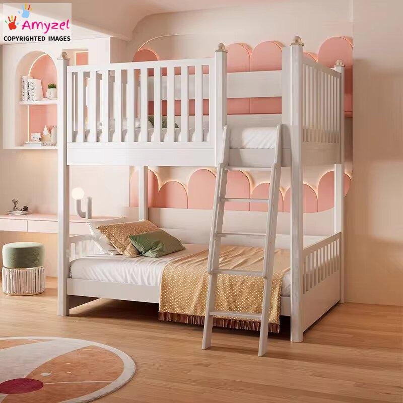 Space-saving solid wood bunk bed for kids with ladder and guardrails for small bedrooms.