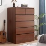 Tall walnut wood storage chest featuring two small side-by-side top drawers over four wide full-width drawers.