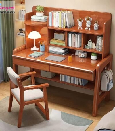 Versatile wooden study desk with chair crafted from solid sheesham wood, space-saving design for kids, students, and home offices.
