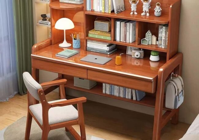 Versatile wooden study desk with chair crafted from solid sheesham wood, space-saving design for kids, students, and home offices.