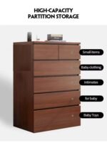 Tall dark walnut storage cabinet featuring two key-lock top drawers, four wide lower drawers.