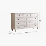 Product dimension diagram for an off-white 9-drawer dresser measuring 150 cm in width, 45 cm in depth, and 90 cm in height.